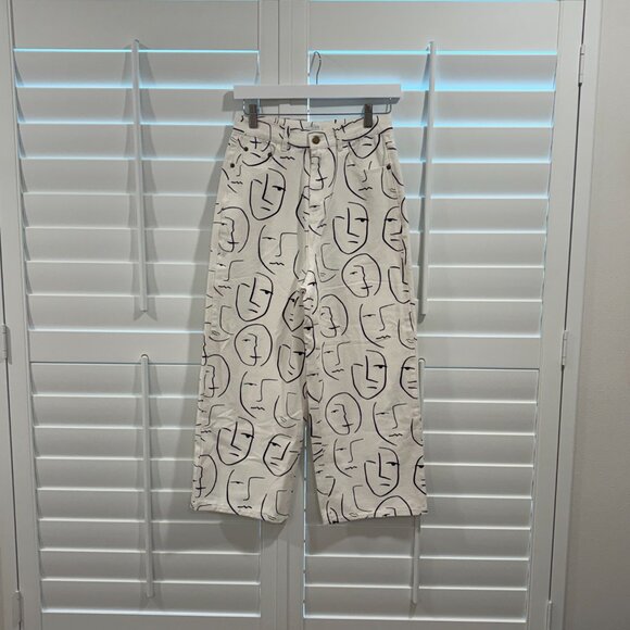 Shekou "Little Things" white denim jeans with a black abstract face print - Picture 3 of 8